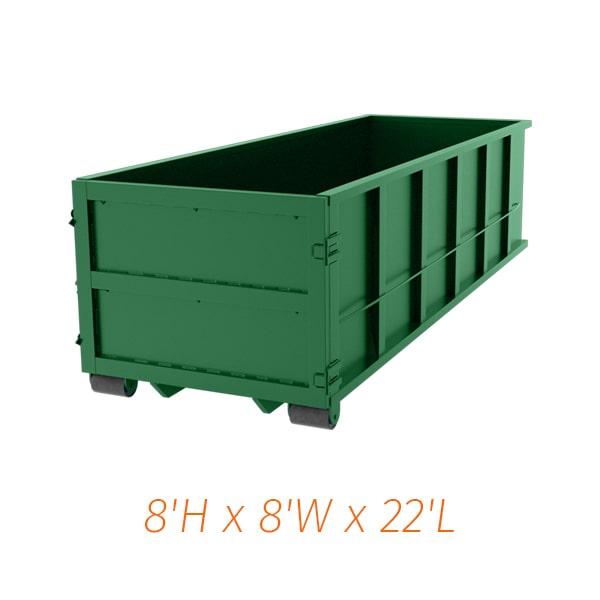 the 40 yard dumpsters are typically 22 feet long, 8 feet wide, and 8 feet tall